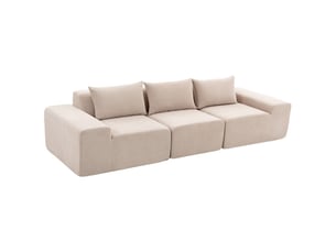 Canapé design arrondi 3 places 3 coussins larges accoudoirs tissu chenille beige