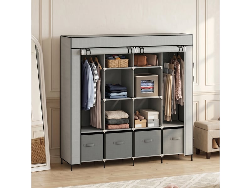  Armoire en tissu, armoire portable à 10 compartiments, 2 tringles et 4 tiroirs, 166 x 42,5 x 169,5 cm, grise  - Conforama D