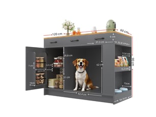 Îlot de cuisine gris et naturel desserte de cuisine avec 3 tiroirs et espace animal 120x60x90 cm