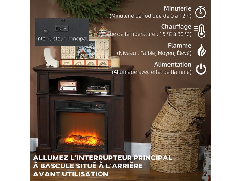  Cheminée électrique effet flamme led, chauffage 1800 w, télécommande, 80,5 cm  - Conforama W