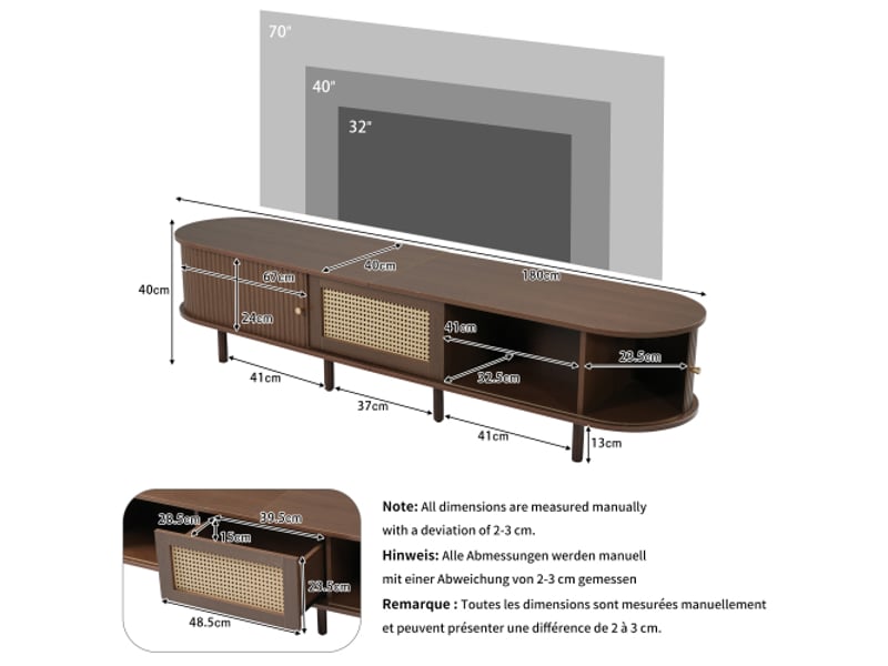  Meuble tv ovale en noyer foncé, design en rotin-design mdf 180 cm, pieds réglables, capacité de charge de 30 kg  - Conforama D