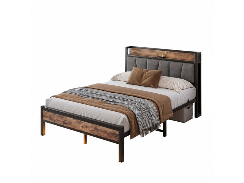 Lit double 140x190 cadre lit éclairage led intelligent tête lit recharge usb plateforme lattes métal ultra-résistantes facile brun antique  - Conforama A