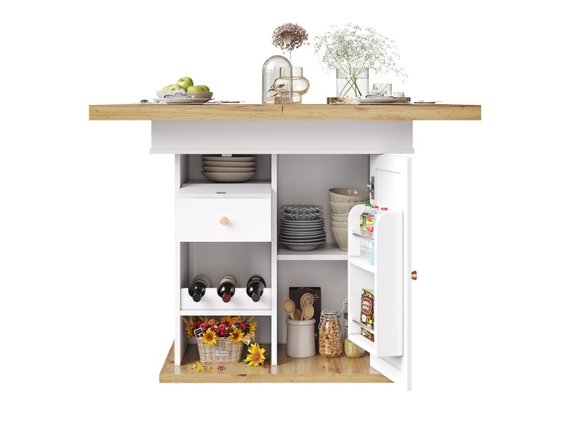 Table extensible avec tiroir, porte abattante et étagères réglables en mdf 110–140×80×75 cm blanc et naturel - Conforama A