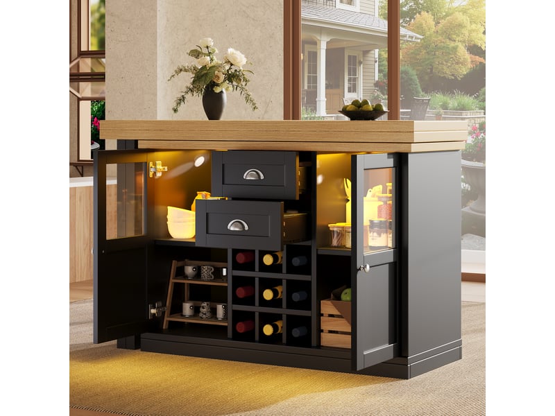  Table extensible pivotante à 360° avec 2 tiroirs, 2 placards, range-bouteilles et led, mdf noir, 120 × 40 × 72 cm  - Conforama B