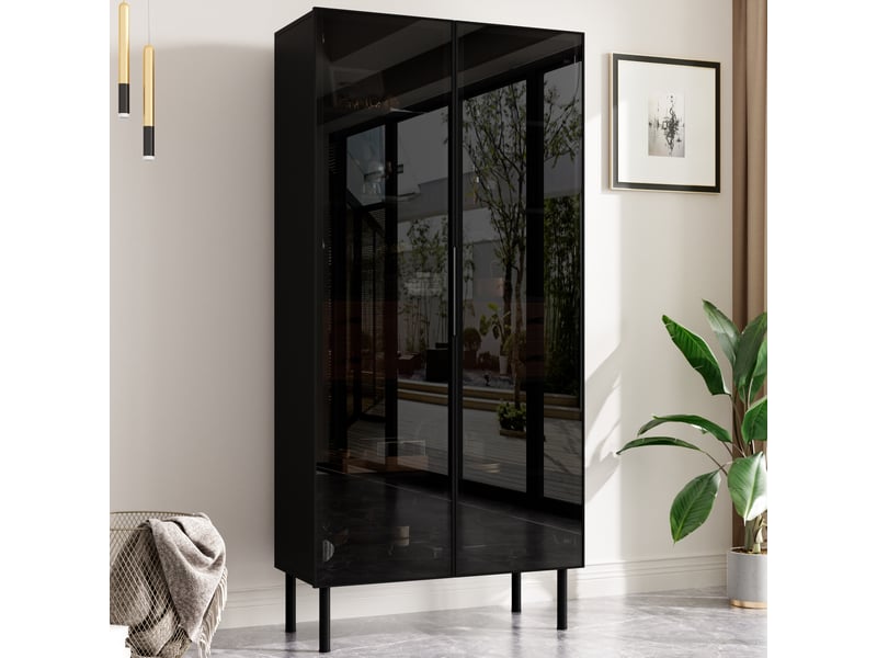  Vitrine d'exposition - 70x36x170cm - vitrine de salon avec led, vaisselier 2 portes en verre, 2 tiroirs &amp; étagères - noir &amp; chêne  - Conforama B
