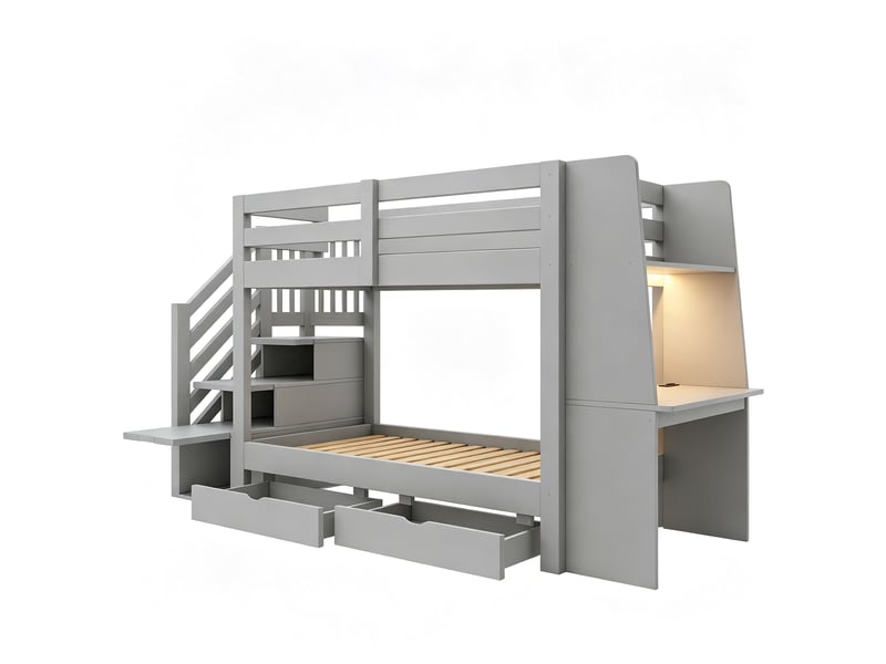 Lit superposé enfant en bois 90x200 cm avec bureau, escalier avec rangements, tiroirs, led et prise électrique, pour adolescent - gris - Conforama E