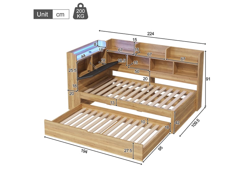  Lit gigogne avec rangement 90 x 200 cm, led, usb,  banquette-lit bois, naturel  - Conforama E