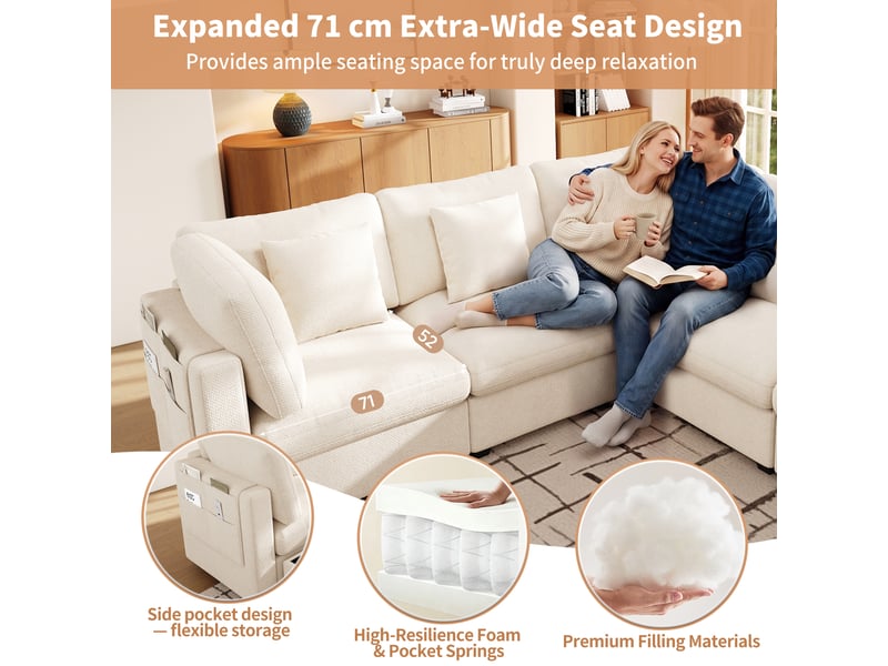  Canapé d’angle modulable avec rangement xl 6 places 370 x 147 x 81 cm grand canapé en l avec méridienne et pouf chenille beige  - Conforama D