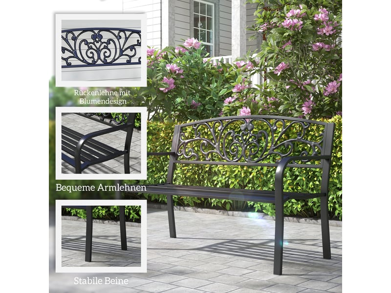  Banc de jardin 2 places en acier motif floral noir 127 x 60 x 87 cm  - Conforama E