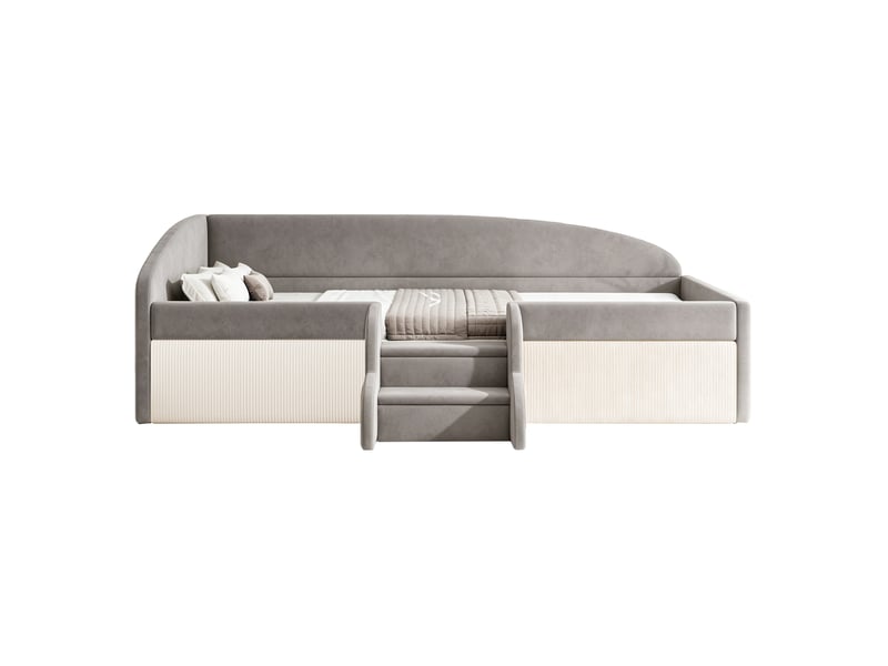 Lit simple 90x190 cm - lit rembourré avec barrières et marches antidérapantes - gris  - Conforama D