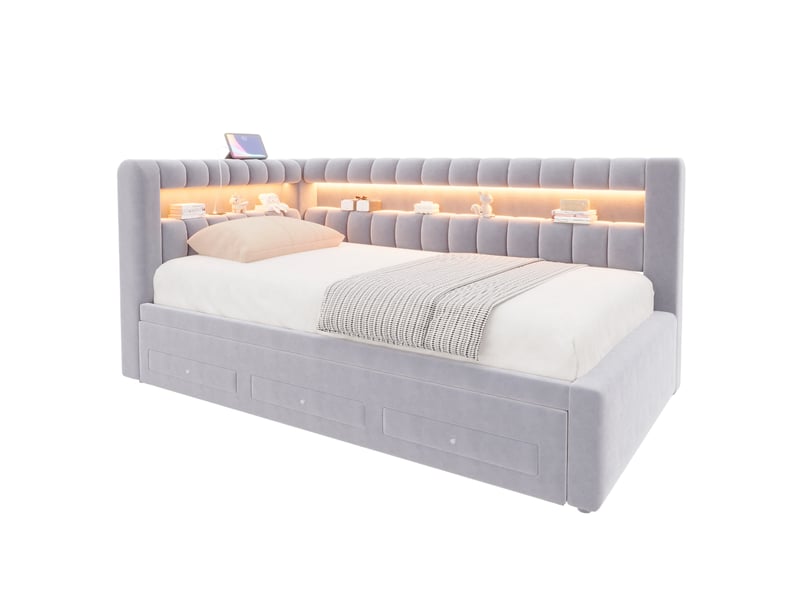  Lit banquette gigogne 90x190 cm en velours gris clair avec tiroirs et led  - Conforama A