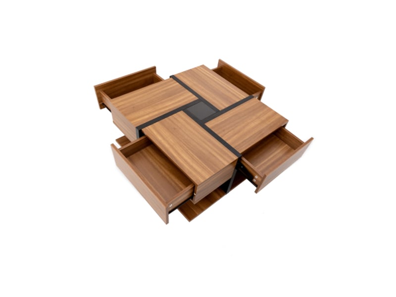  Table basse marron avec 4 tiroirs, garnitures noires et espace de rangement ouvert  - Conforama E