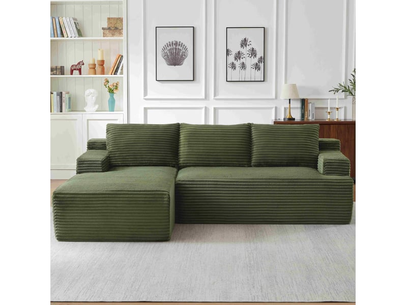  Canapé d’angle 4 places vert en velours côtelé, style nuage avec méridienne droite, modulable et convertible  - Conforama D