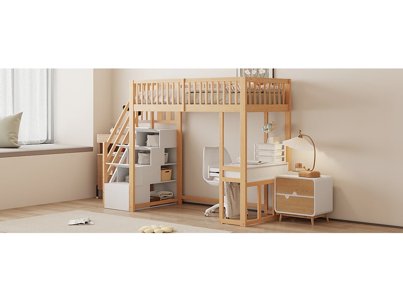 Lit superposé 90x200 cm avec bureau et escalier de rangement structure en pin massif blanc et chêne clair pour enfant et adolescent Sol Morn - Conforama B