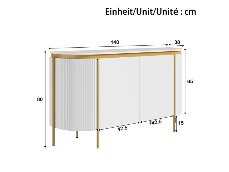  Buffet ulevr 4 portes sans poignées 140 x 38 x 80 cm, rangement à étagère, mdf blanc et pieds en fer  - Conforama C