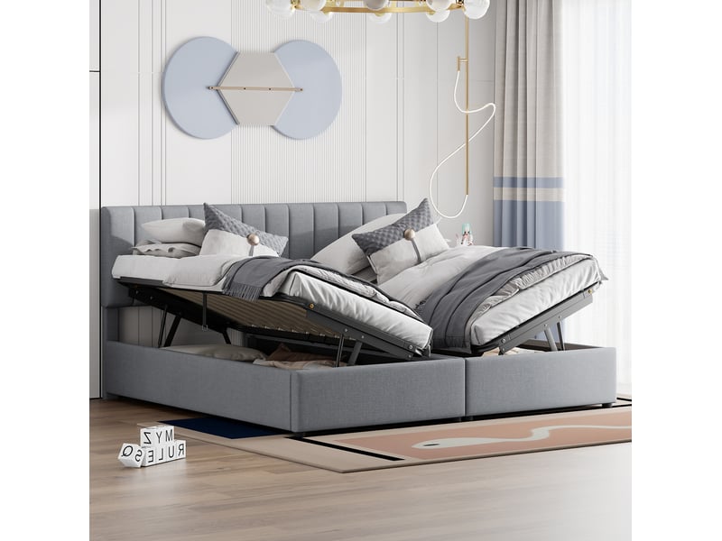 Lit rembourré tcqpz 180 x 200 cm avec rangement hydraulique en lin gris  - Conforama E