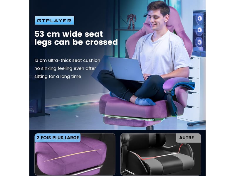 Gtplayer chaise de jeu inclinable à 160° avec repose-pieds 180kg - tissu violet GT829-VLTSP - Conforama E