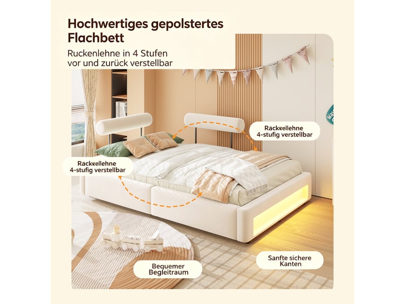 Lit capitonné 140x200 cm avec 2 dossiers réglables 4 positions, éclairage led, velours, beige - Conforama D