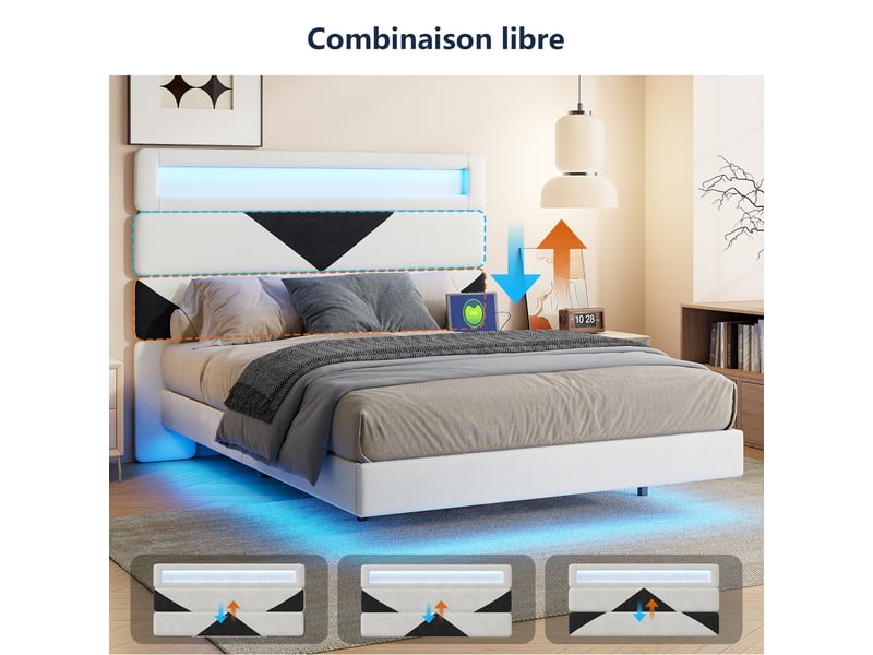  Lit double 160x200 cm,lit double led ,port usb-c, lit flottant, cadre de lit 160x200 cm, velours, blanc et noir  - Conforama R