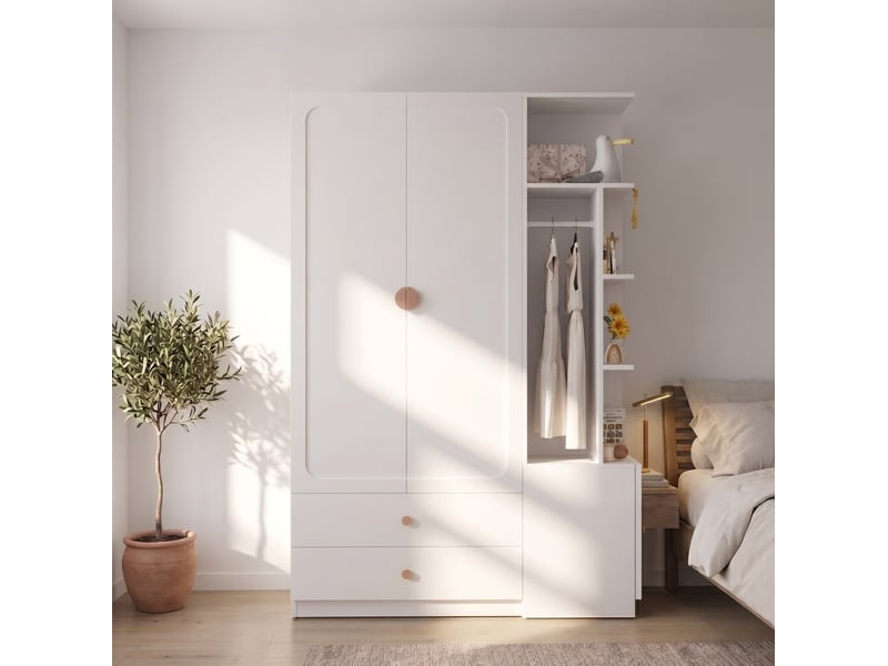 Armoire blanche 135 cm avec 2 tringles, 2 tiroirs et module latéral modulable pour votre rangement quotidien - Conforama E