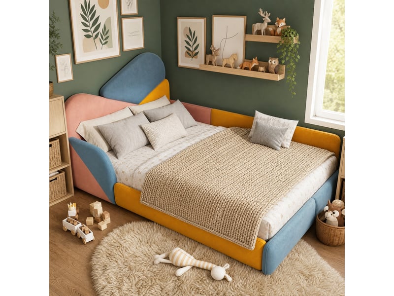  Lit enfant rembourré modenvie 140 x 200 cm multicolore en velours avec protection latérale surélevée  - Conforama B