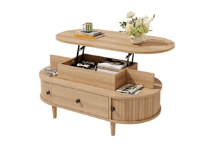 Table basse ovale 105x50x60,5 cm avec plateau relevable hydraulique, rangement caché, mdf, couleur naturel, corps est