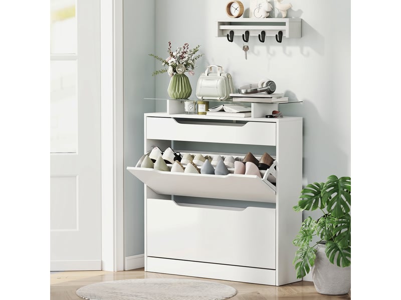  Étagère à chaussures moderne et fine avec 2 portes à abattant et un tiroir, en bois et verre, 89 x 23 x 96 cm, blanche  - Conforama B