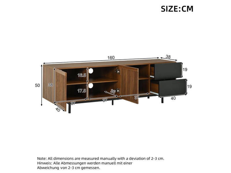  Meuble tv avec 2 portes à lamelles, 2 tiroirs et niches ouvertes, pour salon, en mdf, noir et bois, 160 × 38 × 50 cm  - Conforama D