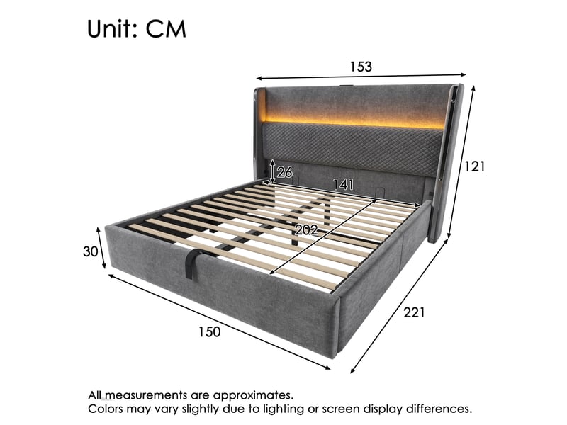 Lit coffre 140x200cm, lit double, led, tête de lit en lin gris, charge, sommier en bois, métal, matelas non inclus - Conforama C