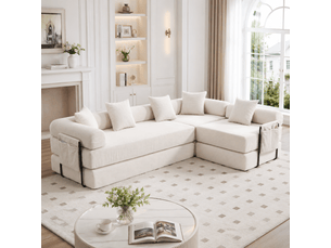 Canapé modulable 4 places avec rangement, convertible, en velours côtelé beige