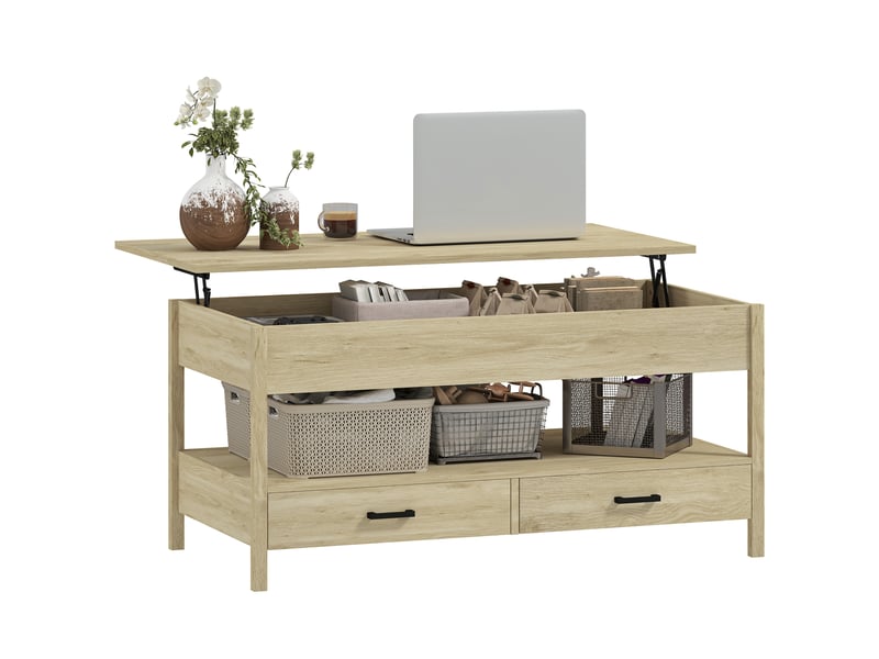  Table basse relevable, table basse avec tiroirs et compartiment caché pour salon, bureau à domicile, chêne  - Conforama A