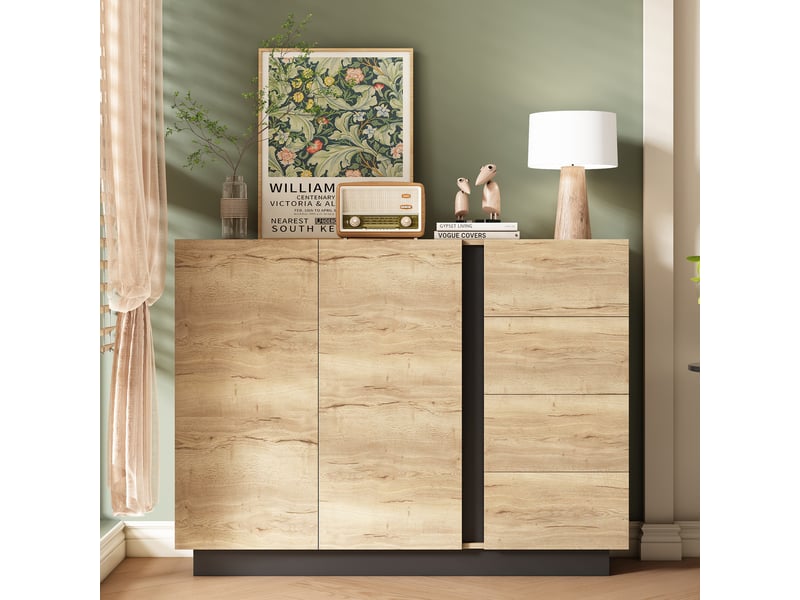  Commode avec tiroirs et portes - l120 x p35.5 x h90.5 cm - naturel et noir - panneau de particules - quatre tiroirs 120x35.5x90.5cm - Conforama C