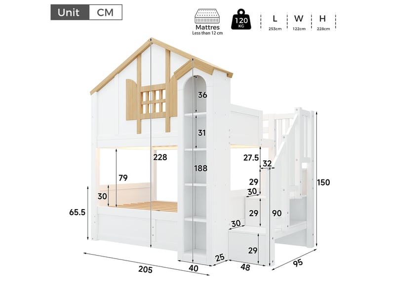  Lit superposé modenvie enfant 2 couchages 90 x 200 cm avec rangement led blanc et bois naturel  - Conforama C