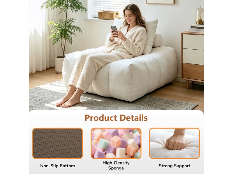  Fauteuil pouf bean bag 1 place en tissu blanc, siège fixe, confortable et compact pour salon, chambre ou bureau  - Conforama E