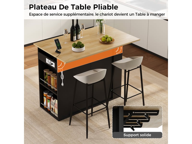 Îlot de cuisine avec plateau rabattable et prises usb - lpospi - 2 portes, tiroir et étagères mdf noir 120 × 75 × 97 cm - Conforama E