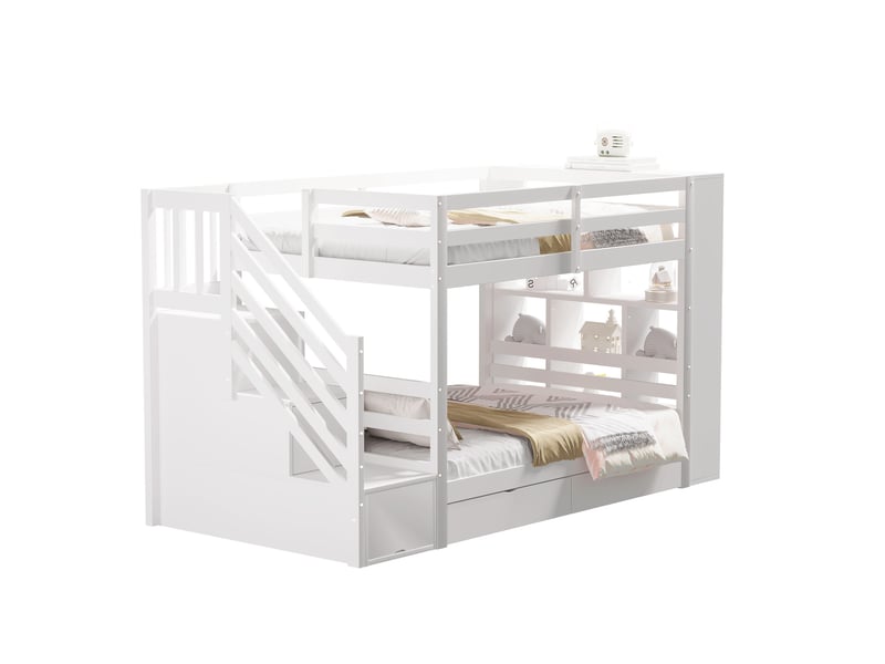  Lit superposé 90x200 cm, tiroirs, lit simple, bois bois et métal, escalier sécurisé à rangements, coloris blanc, sans matelas  - Conforama A