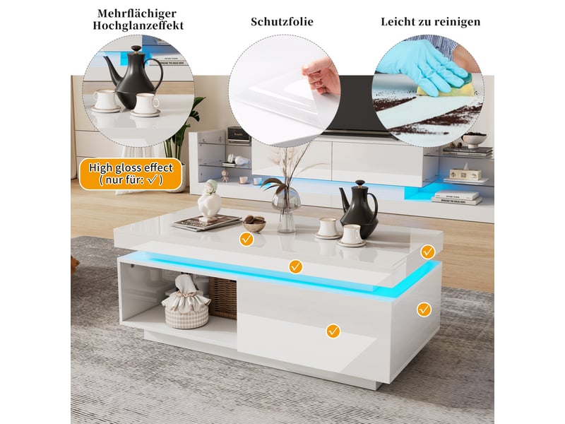  Ensemble meuble tv et table basse blanc brillant, éclairage led bluetooth, meuble 181 cm pour téléviseur jusqu’à 80 pouces  - Conforama R