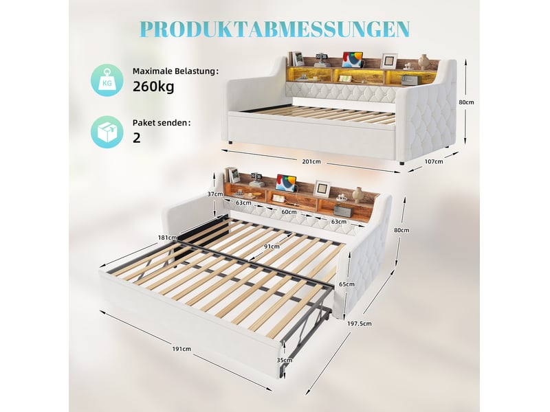  Lit convertible, 90x190 cm, tête de lit avec rangement, led, usb, type c, matelas non inclus, velours, coloris beige  - Conforama C