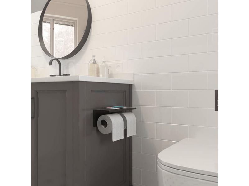 Porte-papier toilette noir mat avec étagères, support mural de salle de bain à double poteau en acier inoxydable  - Conforama D