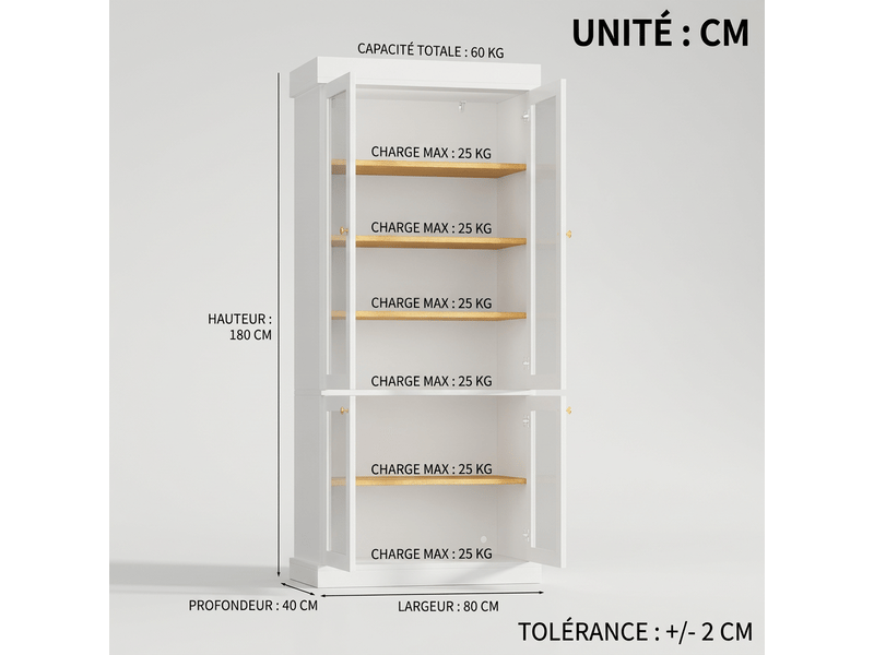  Buffet de cuisine haut blanc en mdf 160x40x180 cm avec vitrine en verre et led  - Conforama C