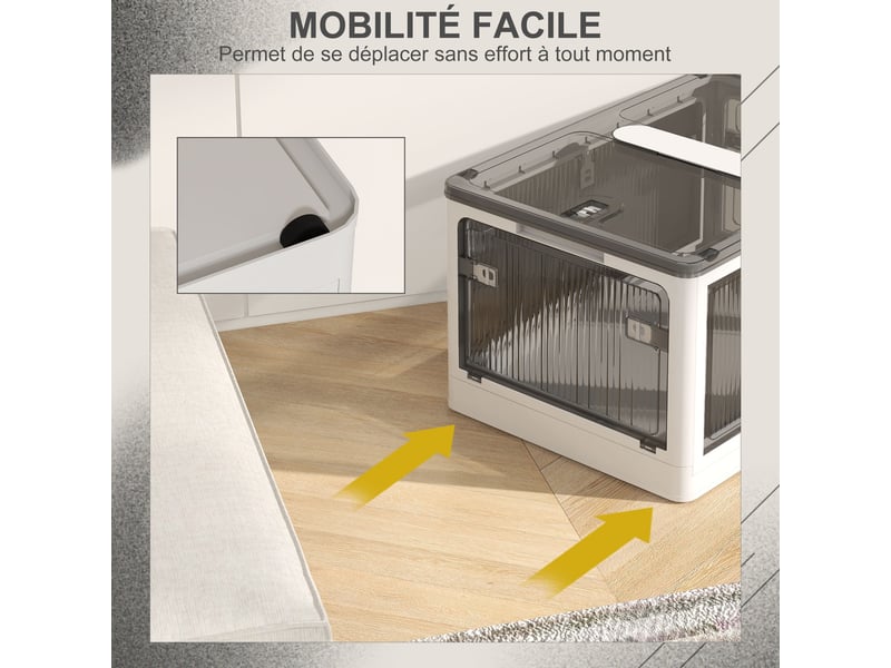 Boîte de rangement pliable et empilable 99l en plastique avec couvercle et 4 roulettes, accès à 5 côtés, blanc  - Conforama R