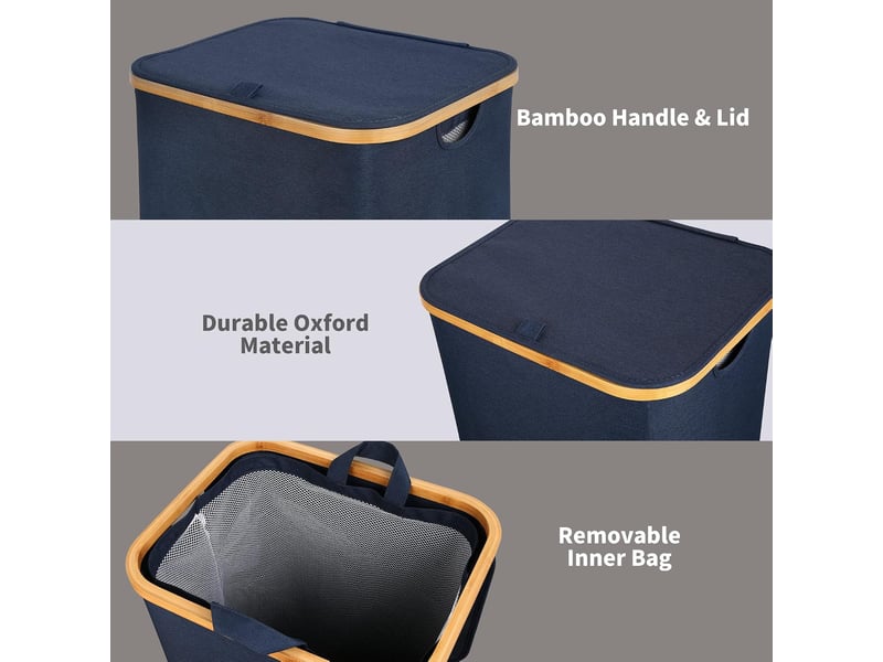 Sac panier à linge sale pliable, 100l grand xl avec poignées en bambou pour vêtements, bac a linge laundry basket, bleu - Conforama E