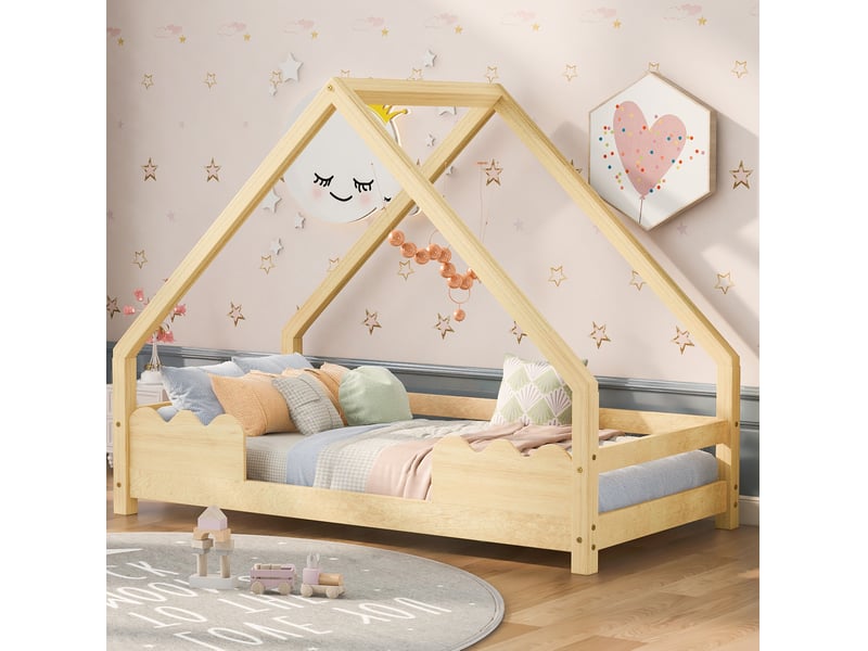  Lit cabane enfant 90x200 cm avec barrières en bois de pin  - Conforama D
