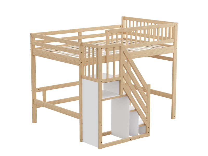  Lit surélevé enfant 140x200 cm en bois massif, escalier avec rangement, garde-corps haut, lit ado, couleur bois naturel  - Conforama R