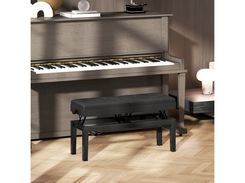  Banc de piano noir avec double siège réglable en similicuir et espace de rangement intégré  - Conforama D