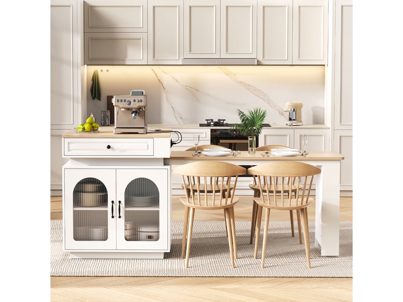 Îlot de cuisine sur roulettes 128-200x71x92cm avec table extensible 2 à 4 places,led,usbusb-c et rangements,mdf blanc et effet bois Sol Morn - Conforama B