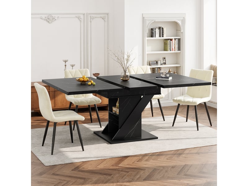 Table à manger rectangulaire extensible 110-140 x 80 cm, plateau mdf effet marbre noir, piètement robuste, design moderne et minimaliste - Conforama C