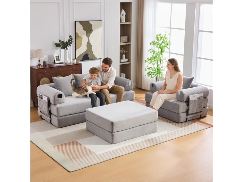  Canapé modulable 4 places modenvie avec fauteuil et pouf en velours côtelé gris clair 200 x 190 x 67 cm  - Conforama E