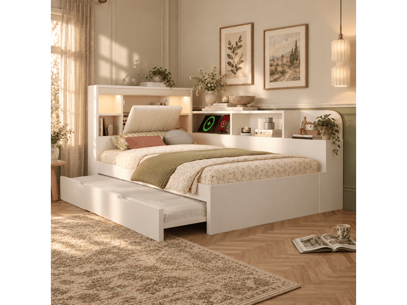  Lit gigogne 90x190 cm, tête de lit avec rangement, éclairage, panneau de particules, couleur blanc sans matelas  - Conforama B