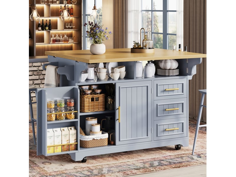  Desserte de cuisine bleu gris 143x40(80)x95 cm avec plateau rabattable et roulettes  - Conforama B